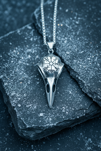 Raven skull Vegvisir on slate with ice